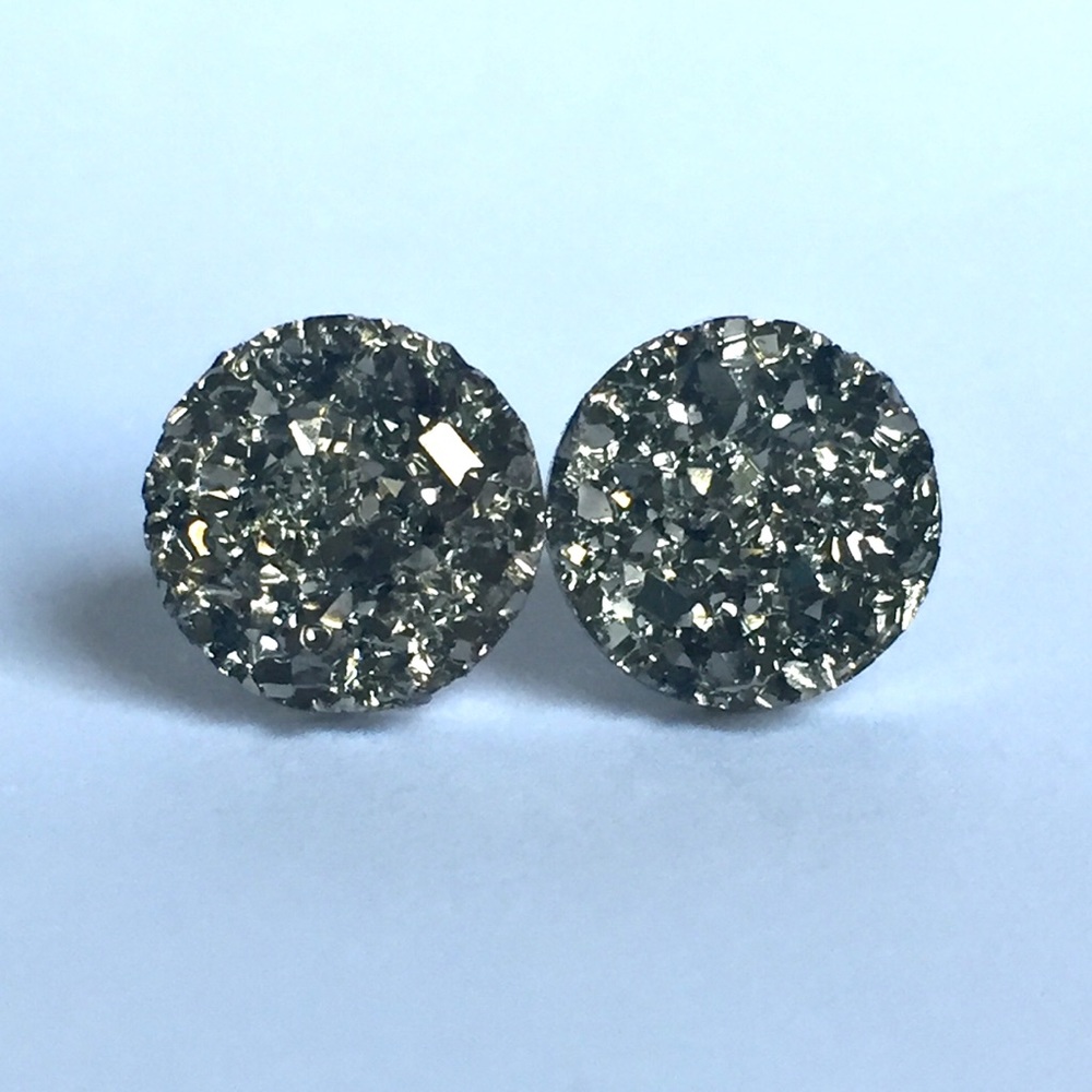 Druzy Large Gunmetal Gray Round Stud Earrings